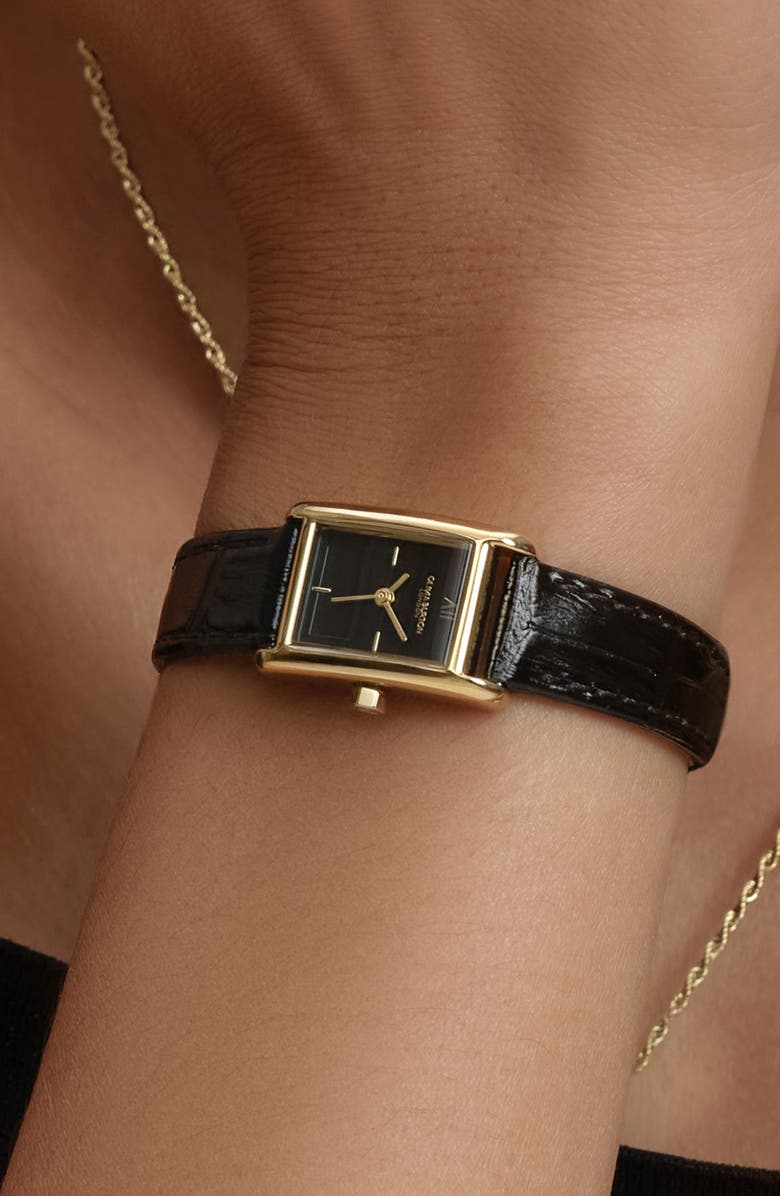 Olivia Burton Mini Grove Rectangular Croc Embossed Leather Strap Watch, 16mm, Alternate, color, Black