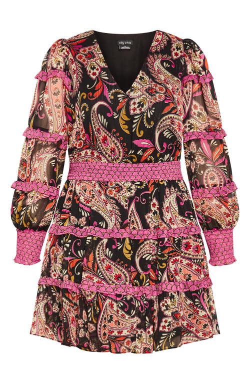 City Chic Iris Metallic Stripe Print Long Sleeve Tiered Dress In Multi