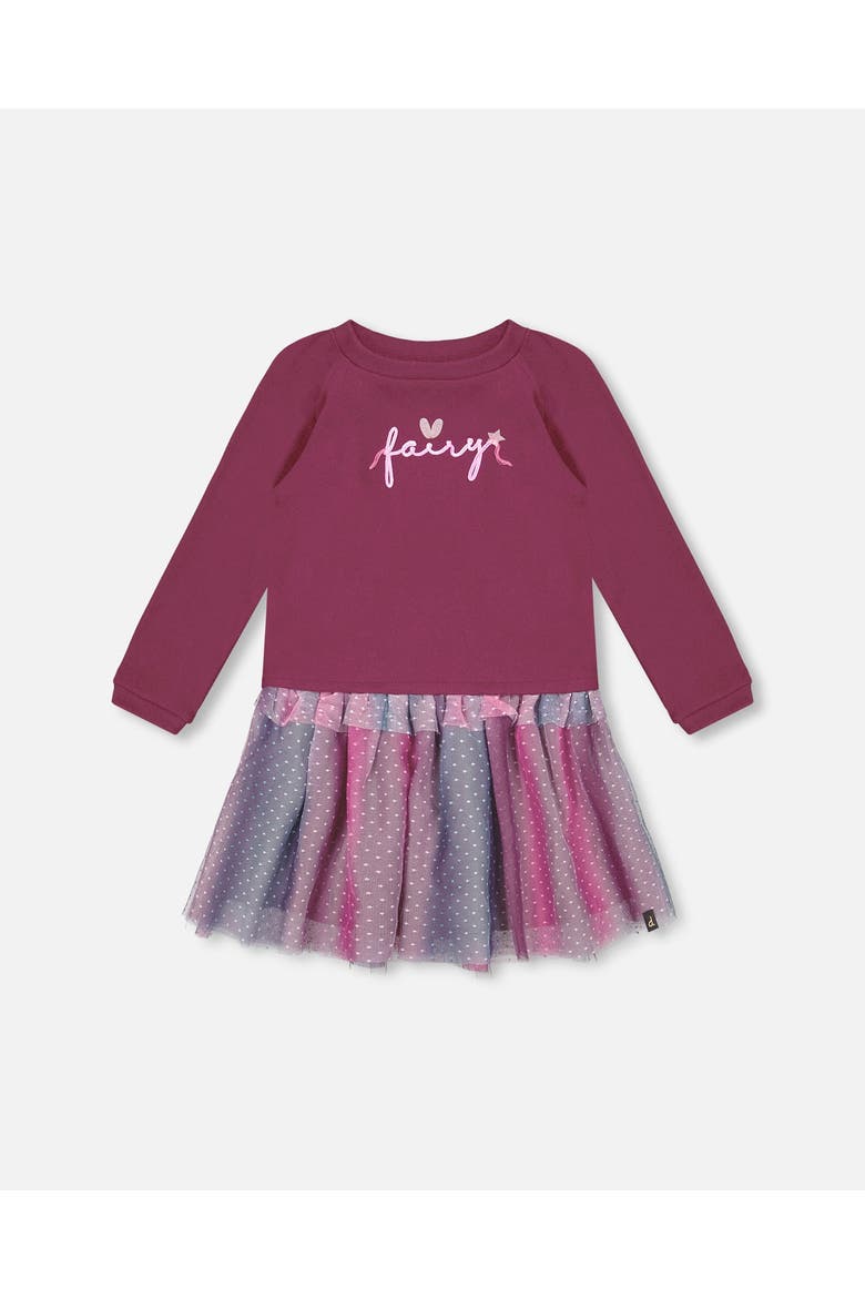 Girl's Bi-Material Dress With Tulle Skirt Burgundy, Main, color, Amaranth