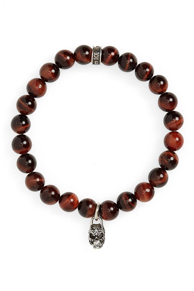 Tiger's Eye Skull Charm Bracelet, Main, color, RED