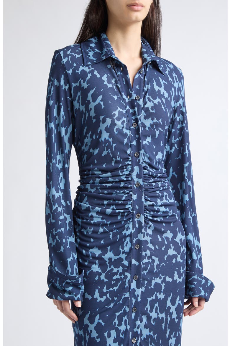Claudia Print Ruched Long Sleeve Jersey Shirtdress, Alternate, color, ASH BLUE TORTOISE