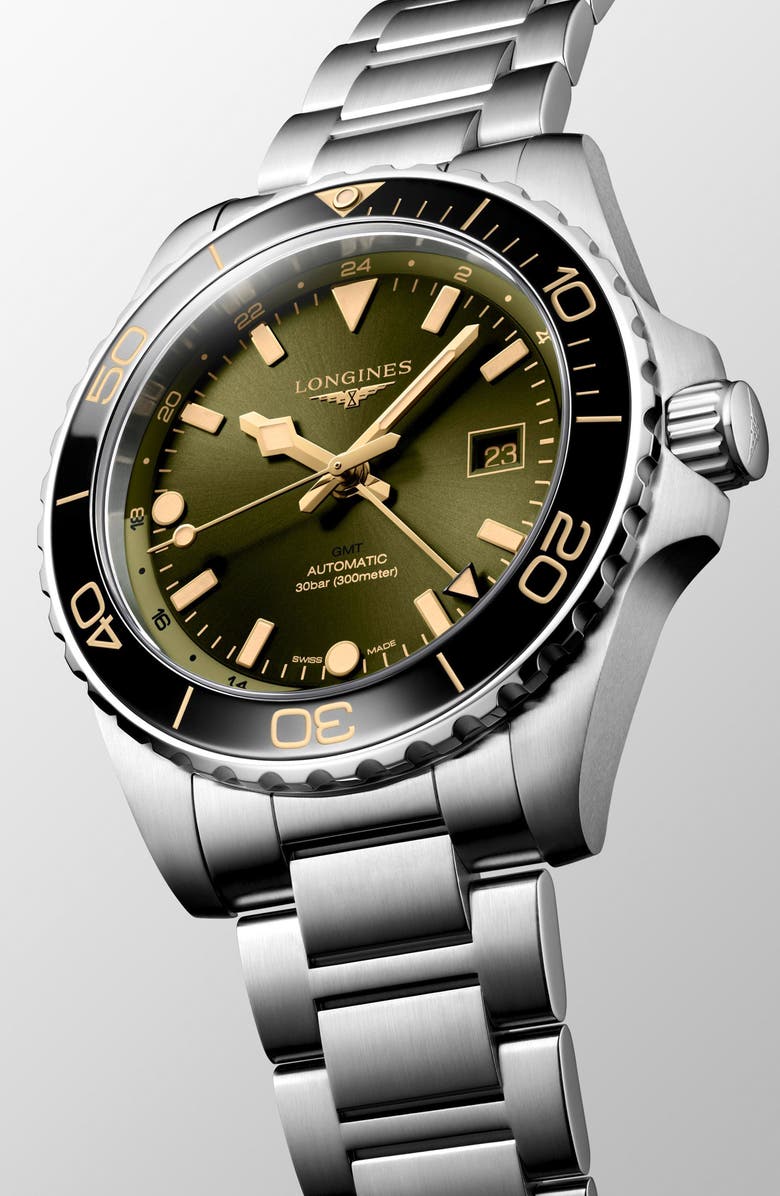 Longines HydroConquest GMT Automatic Bracelet Watch, 43mm, Alternate, color, Stainless Steel/ Sunray Green
