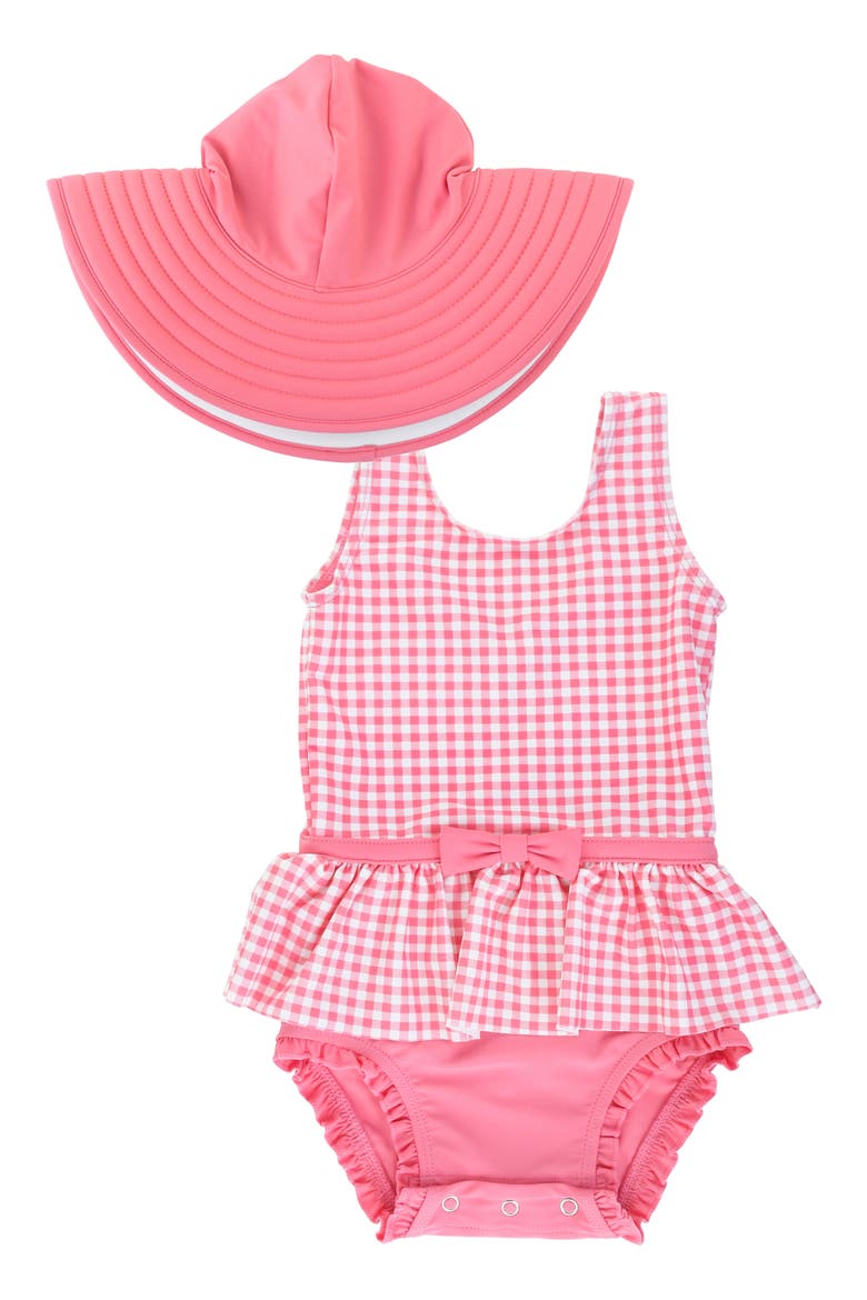 Rose Gingham One-Piece Swimsuit & Floppy Hat Set, Main, color, PINK
