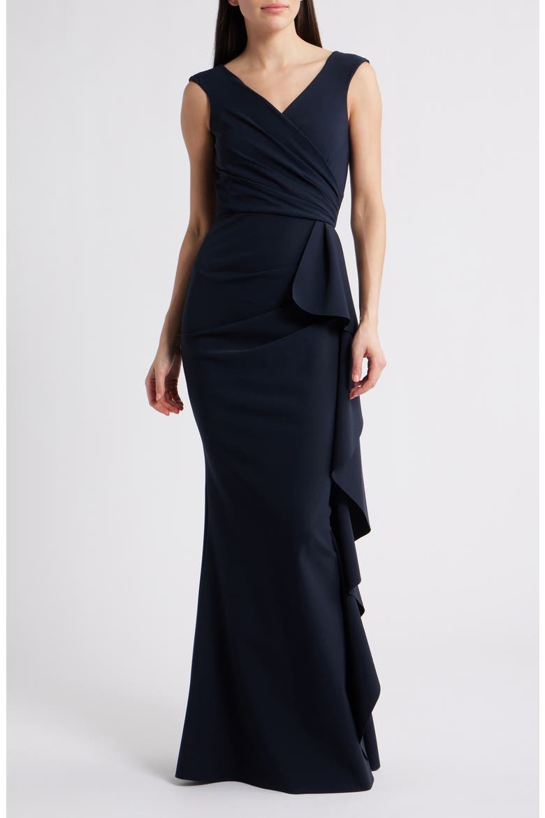 Sozen Cascade Ruffle Sleeveless Gown, Main, color, DARK NAVY