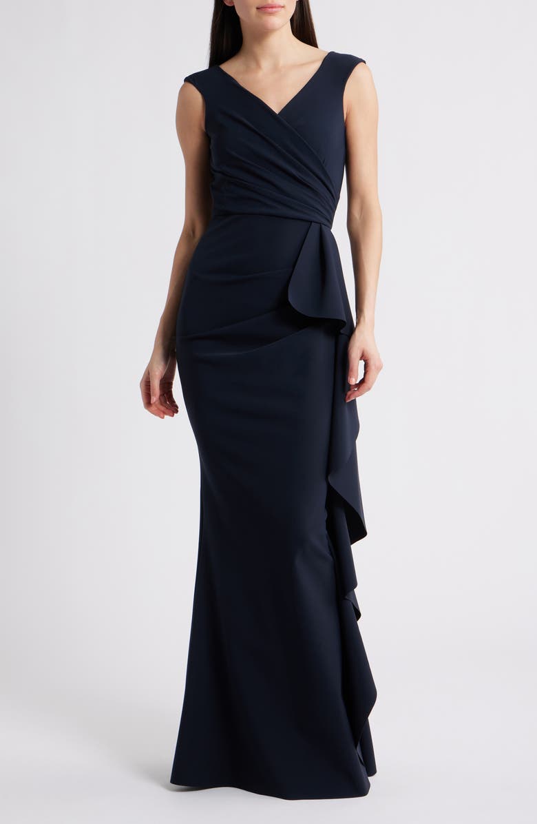 Chiara Boni La Petite Robe Sozen Cascade Ruffle Sleeveless Gown, Main, color, Dark Navy