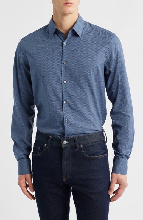 Regular Fit Geometric Print Cotton Blend Button-Up Shirt