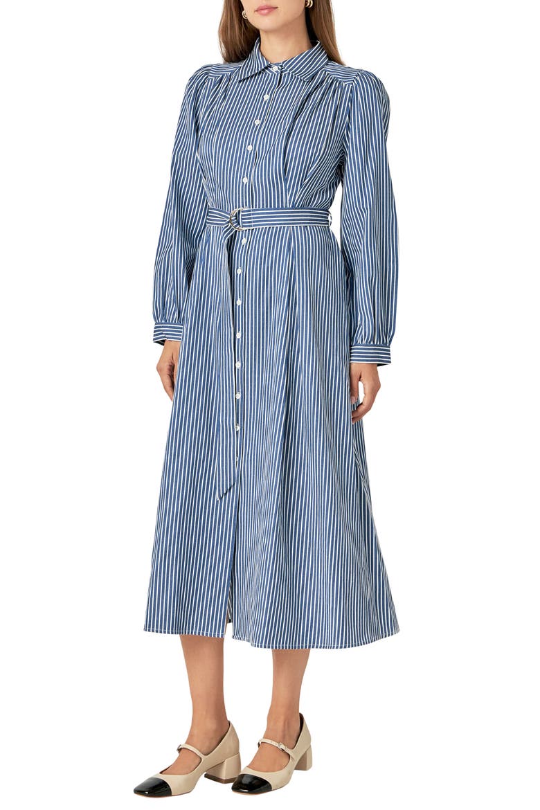 Stripe Long Sleeve Midi Shirtdress, Main, color, NAVY
