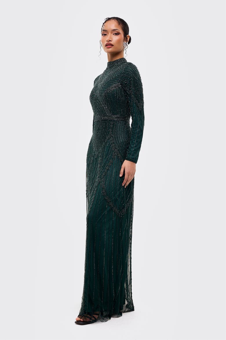 Modest Abstract Embellished Sequin Maxi Dress, Alternate, color, TEAL GREEN