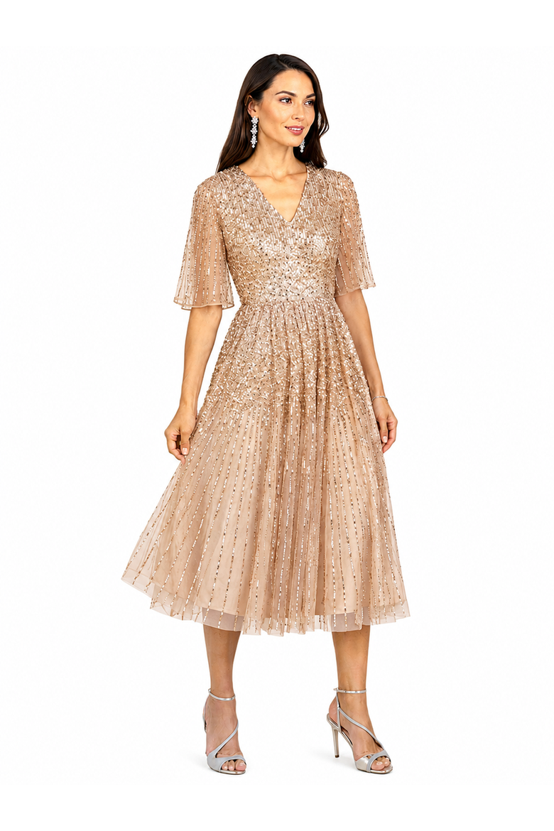 Flowing, Sequin Midi Dress with Short Sleeves, Main, color, Champagne