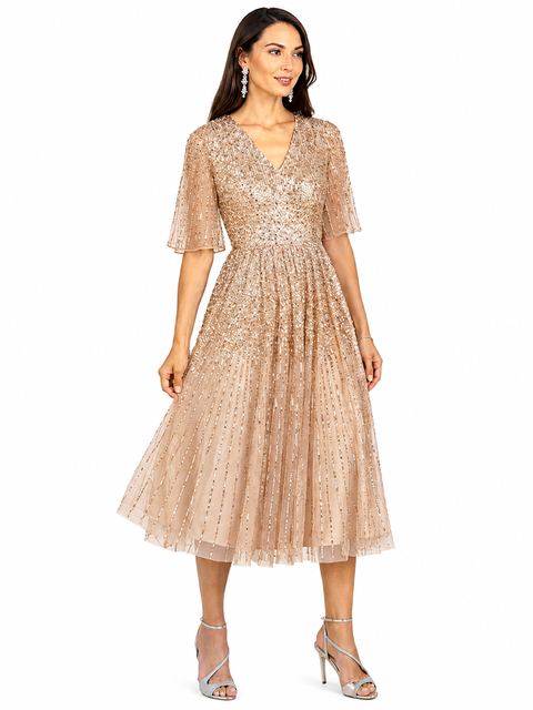 Flowing, Sequin Midi Dress with Short Sleeves