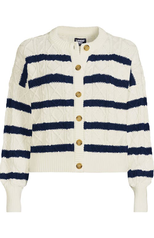 Lands' End Drifter Relaxed Cable Cardigan Sweater In Ivory/deep Sea Gulf Stripe
