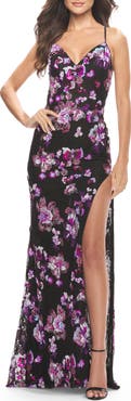 La Femme Floral Print Sequin Lace Dress with High Slit