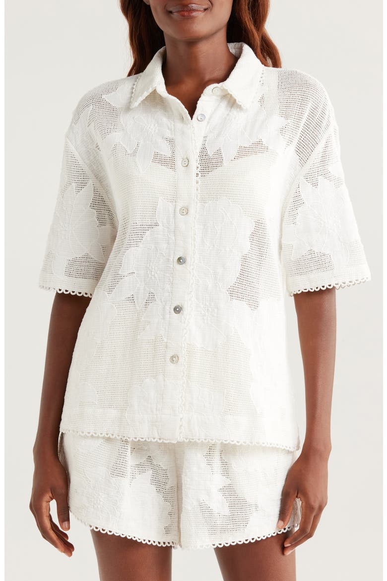 White Flower Linen Cover-Up Shirt, Alternate, color, WHITE