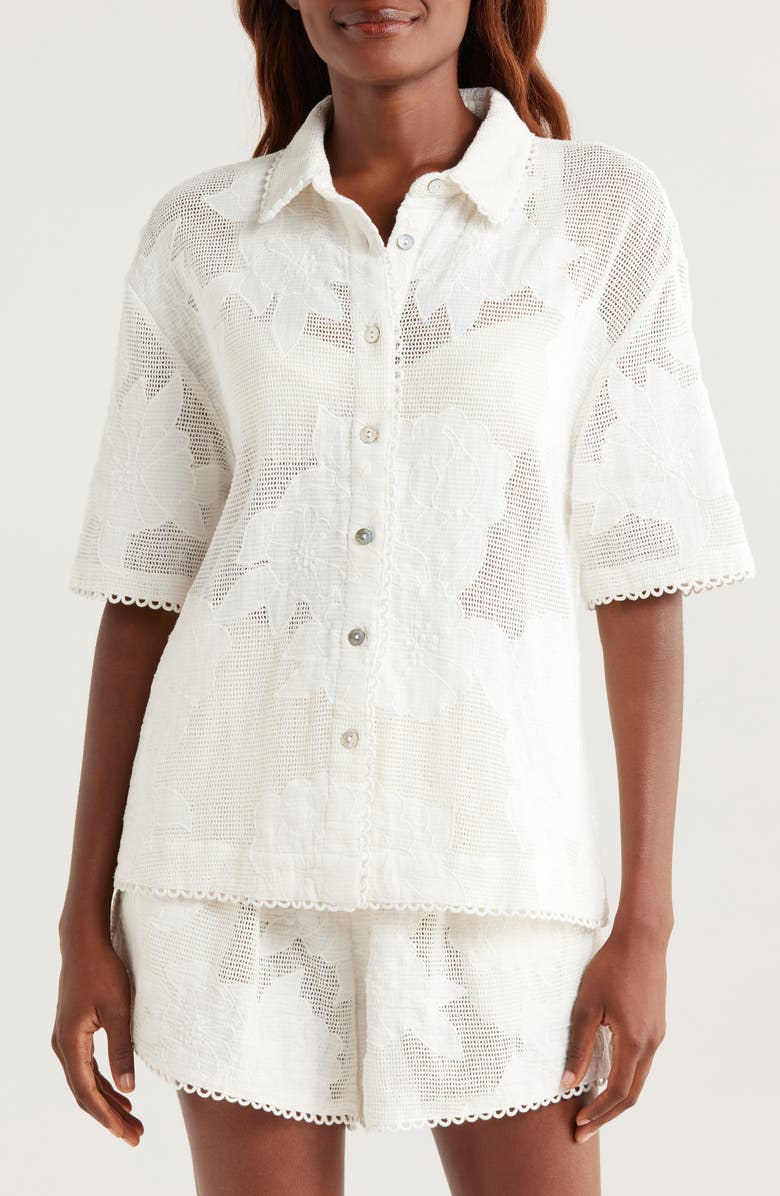 FARM Rio White Flower Linen Cover-Up Shirt, Alternate, color,