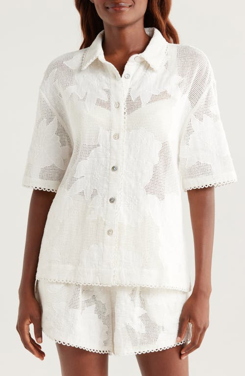 FARM RIO FARM RIO WHITE FLOWER LINEN COVER-UP SHIRT