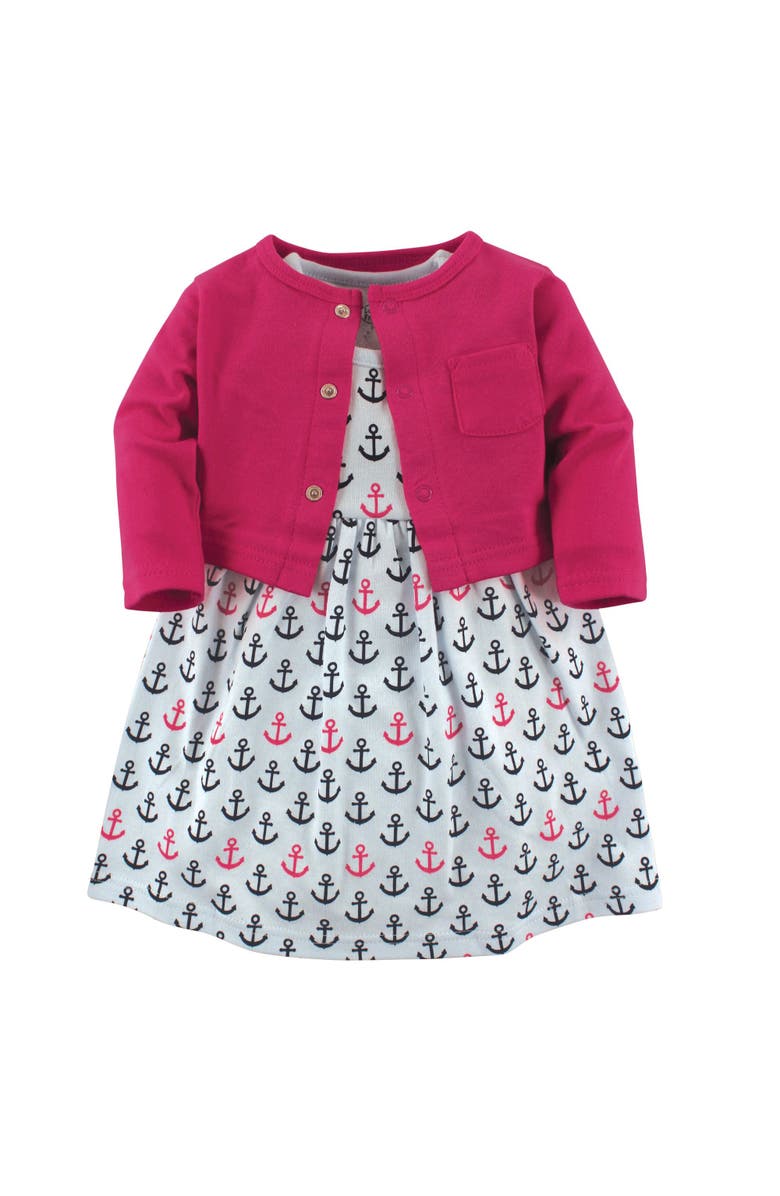 Luvable Friends Dress and Cardigan, Main, color, Anchors