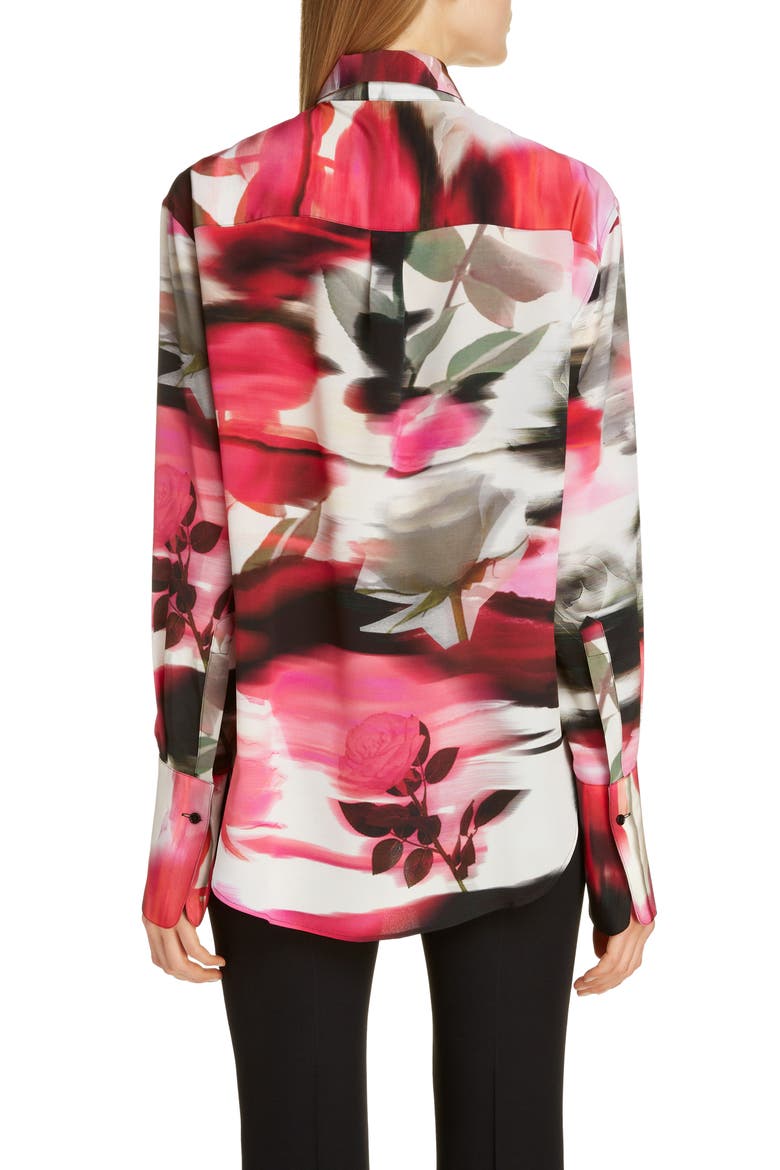 Alexander McQueen Rose Print Silk Blouse, Alternate, color, PINK
