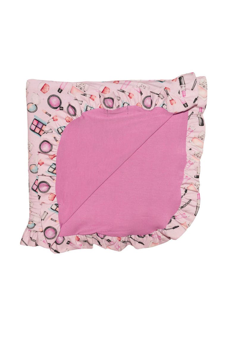 Makeup Print Ruffled Edge Blanket, Alternate, color, Pink