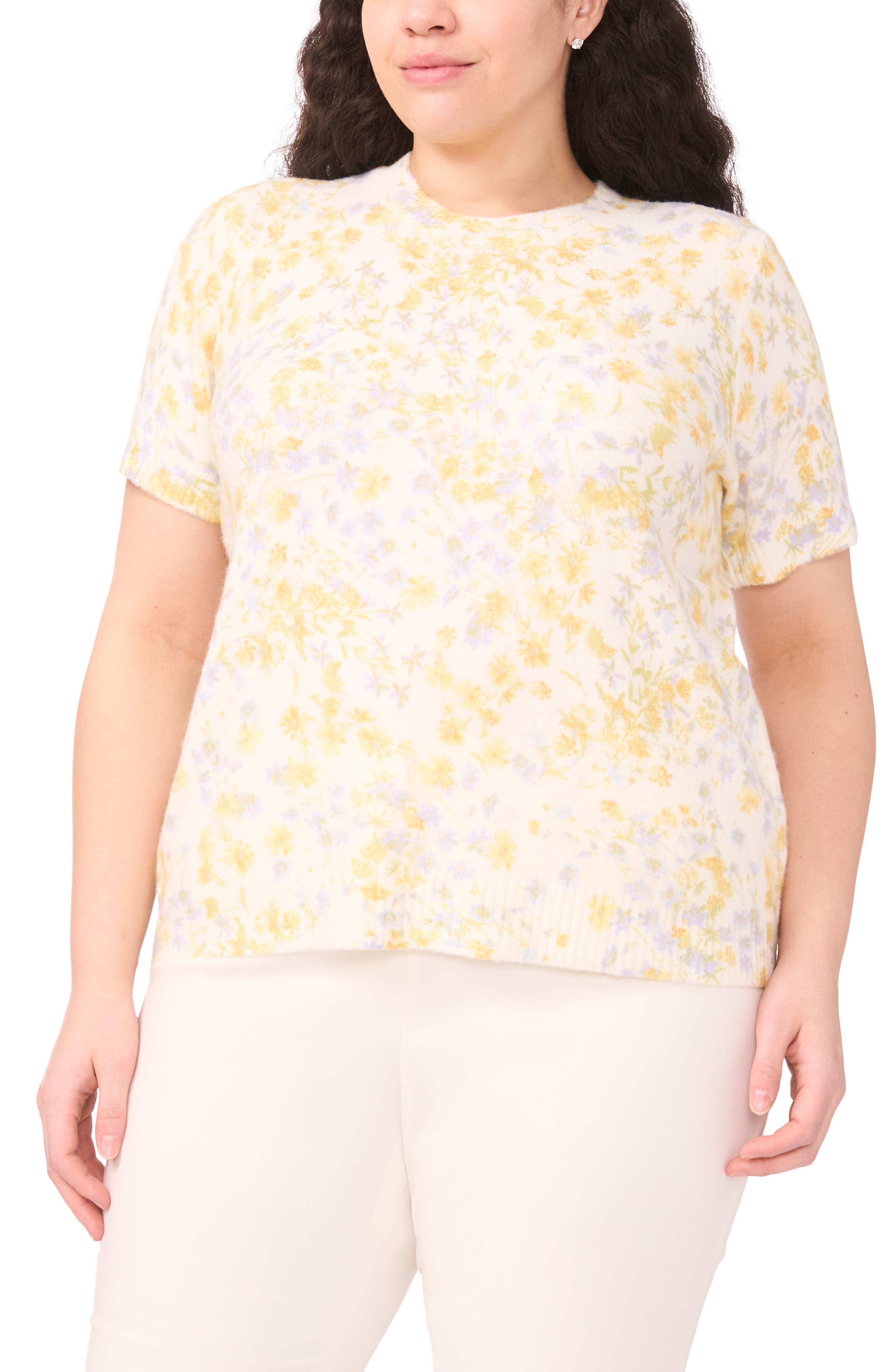 Floral Print Short Sleeve Sweater
