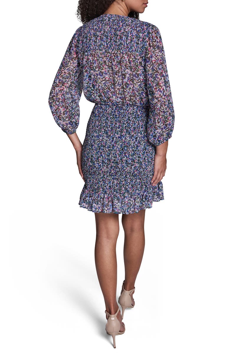 BCBG Floral Smocked Chiffon Minidress, Alternate, color, Blue Multi