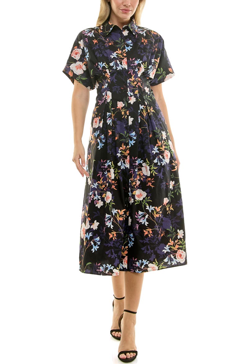 Printed Stretch Cotton Shirtdress, Alternate, color, SPRING BLACK