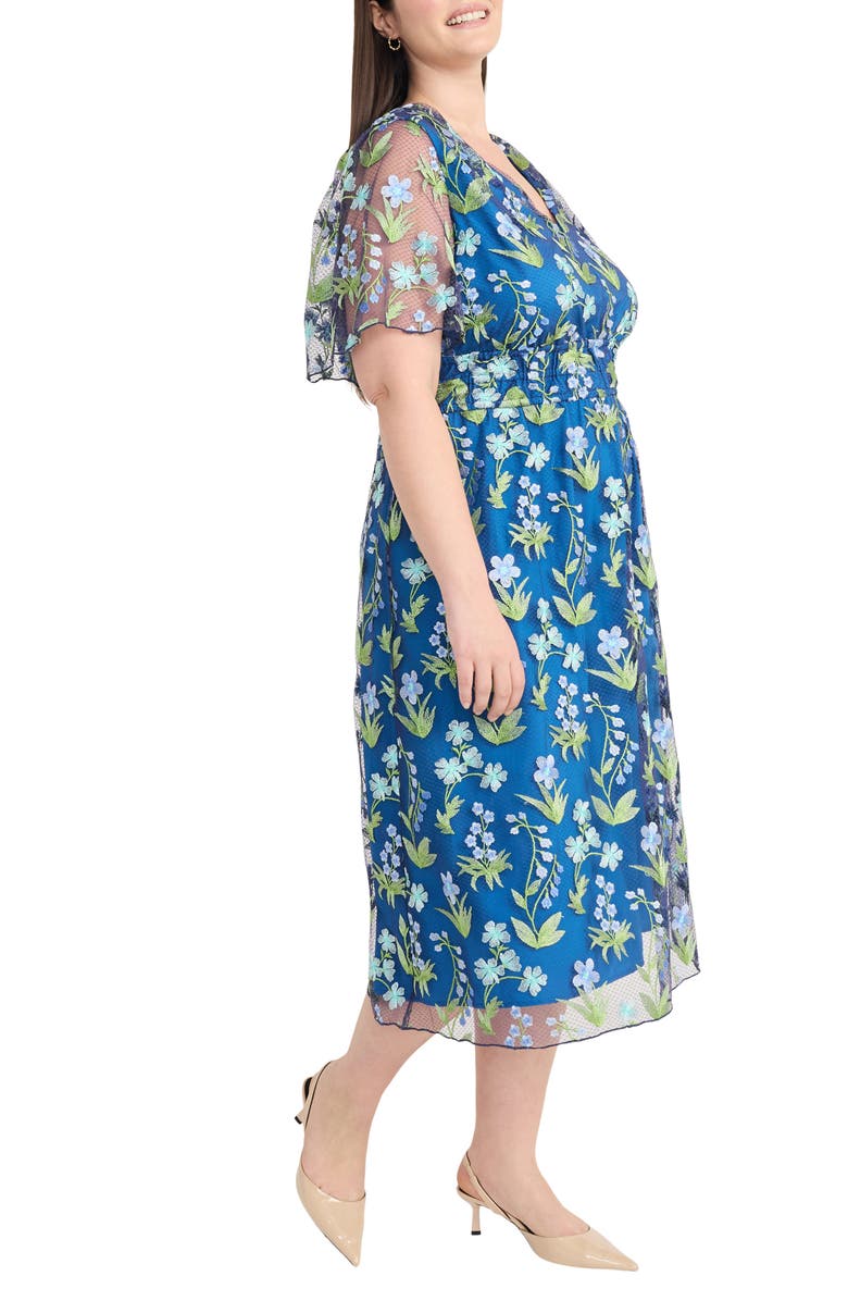 Maggy London Floral Embroidered Short Sleeve Midi Dress, Alternate, color, Blue/ Green