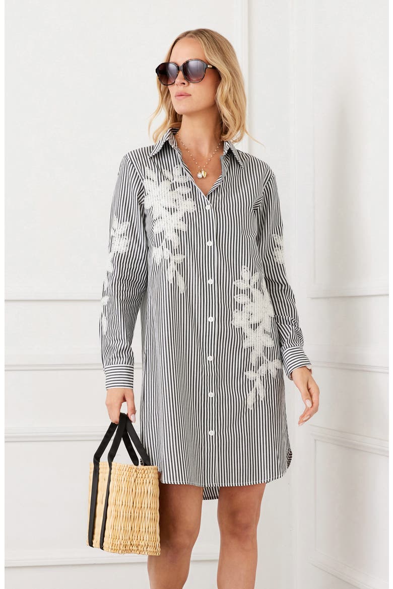 Floral Embroidery Long Sleeve Shirtdress, Alternate, color, BLACK W/ OFF WHITE