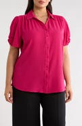Adrianna Papell Gathered Short Sleeve Button-Up Shirt