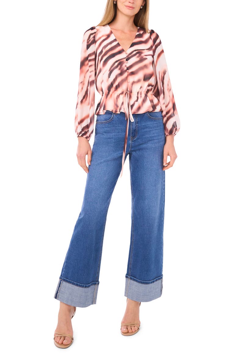 V-Neck Button Front Peplum Top, Alternate, color, OATMEAL