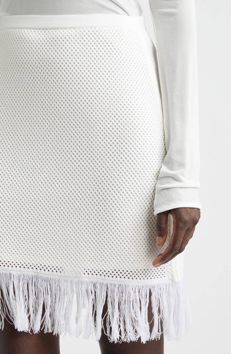 FERRAGAMO Open Knit Fringe Short Sleeve Virgin Wool Sweater Skirt, Alternate, color, White