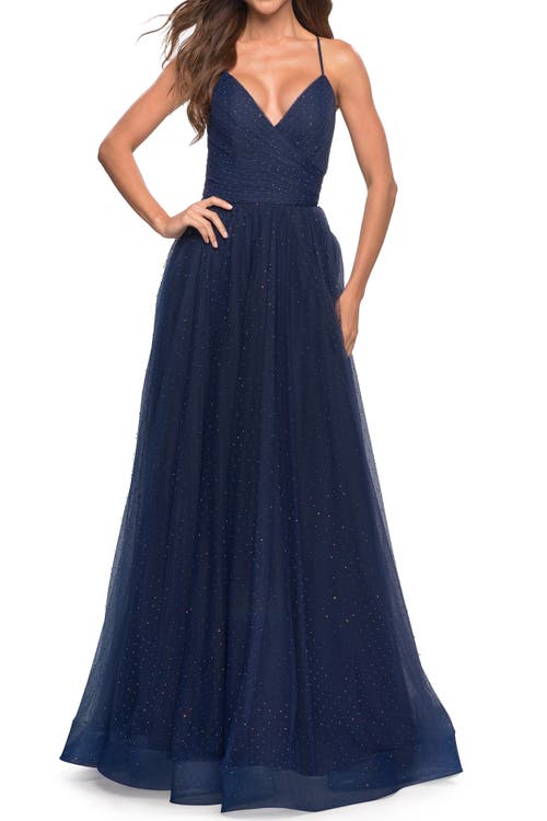 La Femme Rhinestone Tulle Ballgown With Slit And Lace Up Back In Navy