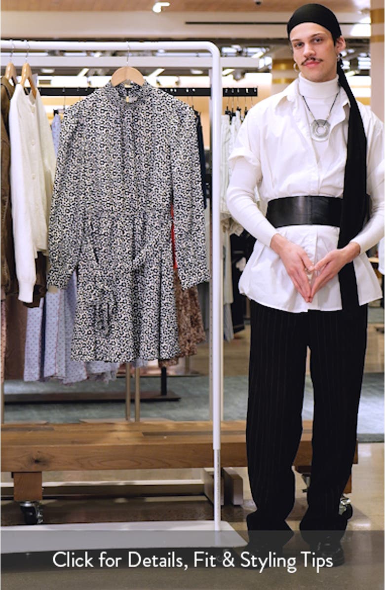 Flower Print Long Sleeve Smock Neck Dress, sales video thumbnail