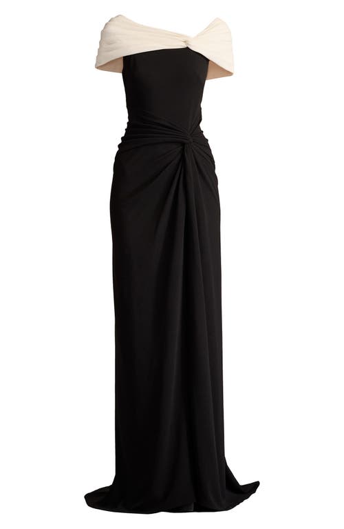 Tadashi Shoji Textured Crepe Cap Sleeve Contrast Gown In Black/ivory