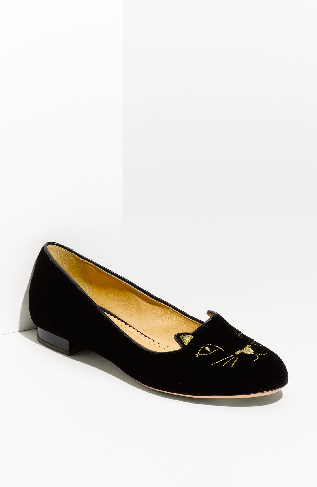 Charlotte Olympia Embroidered Cat Velvet Flat, Main, color, 