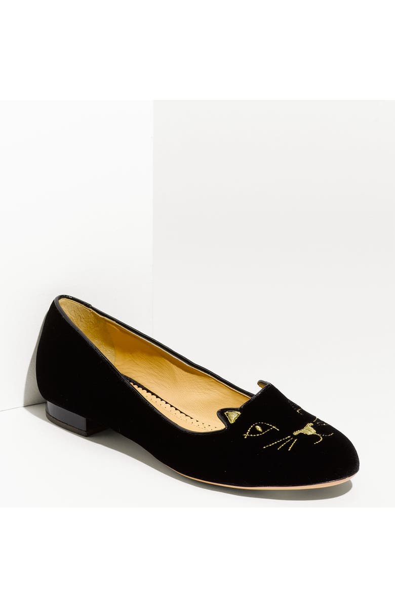 Charlotte Olympia Embroidered Cat Velvet Flat, Main, color,