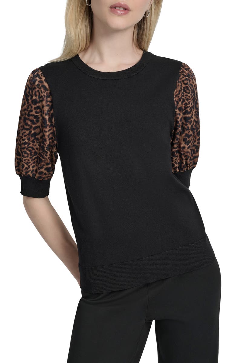 DKNY Mixed Media Puff Sleeve Sweater, Main, color, Black