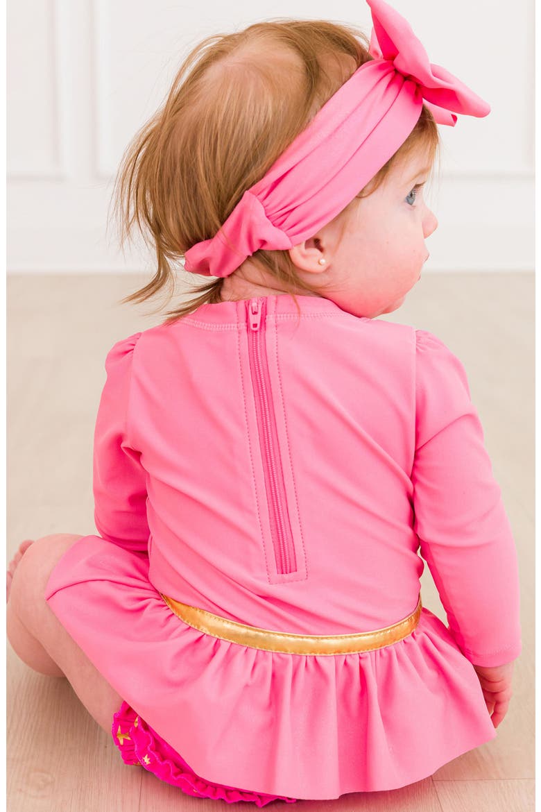 Princess One-Piece Rashguard Swimsuit & Bow Head Wrap Set, Alternate, color, PINK