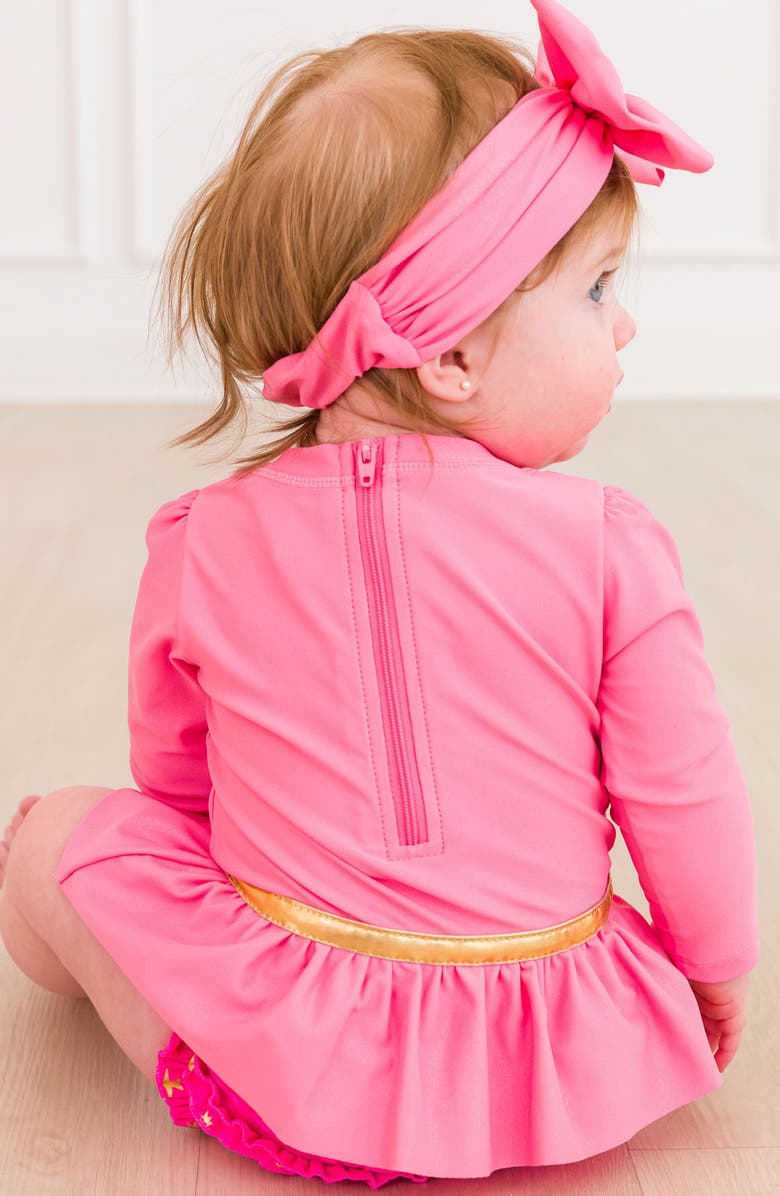 RuffleButts Princess One-Piece Rashguard Swimsuit & Bow Head Wrap Set, Alternate, color, Pink