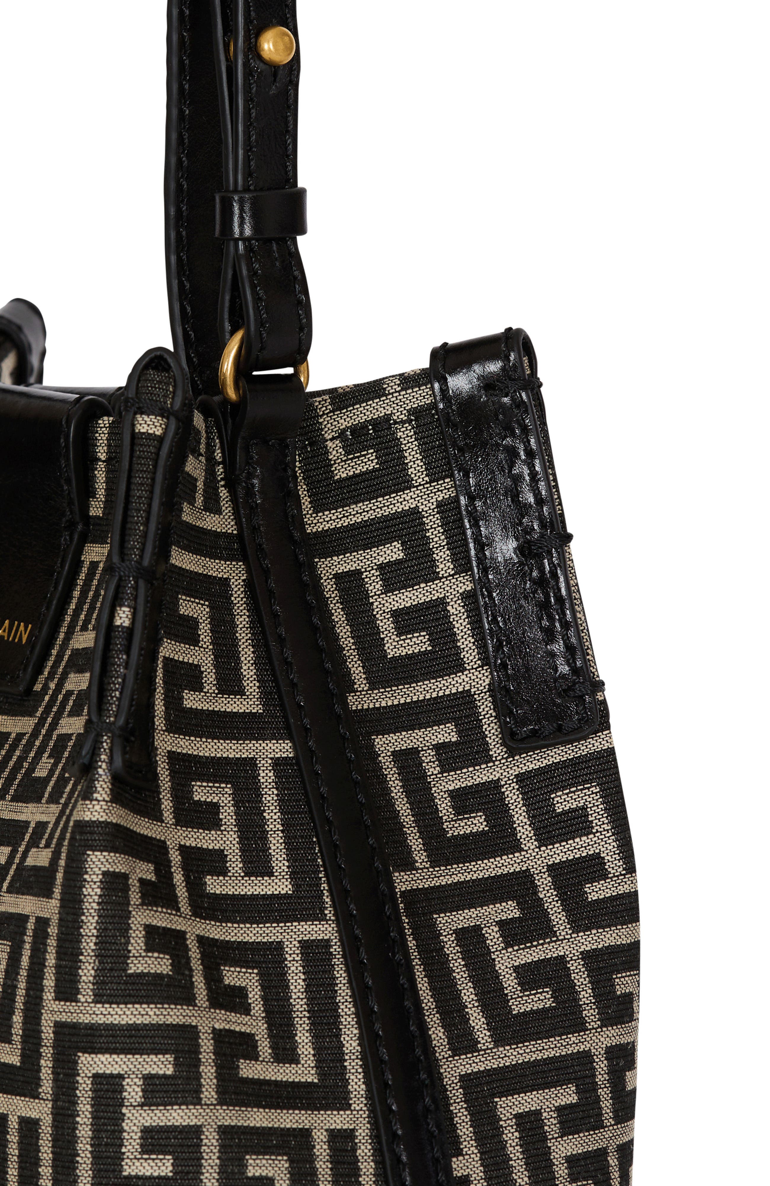 Balmain Release Bucket bag in jacquard and calfskin, Alternate, color, Black