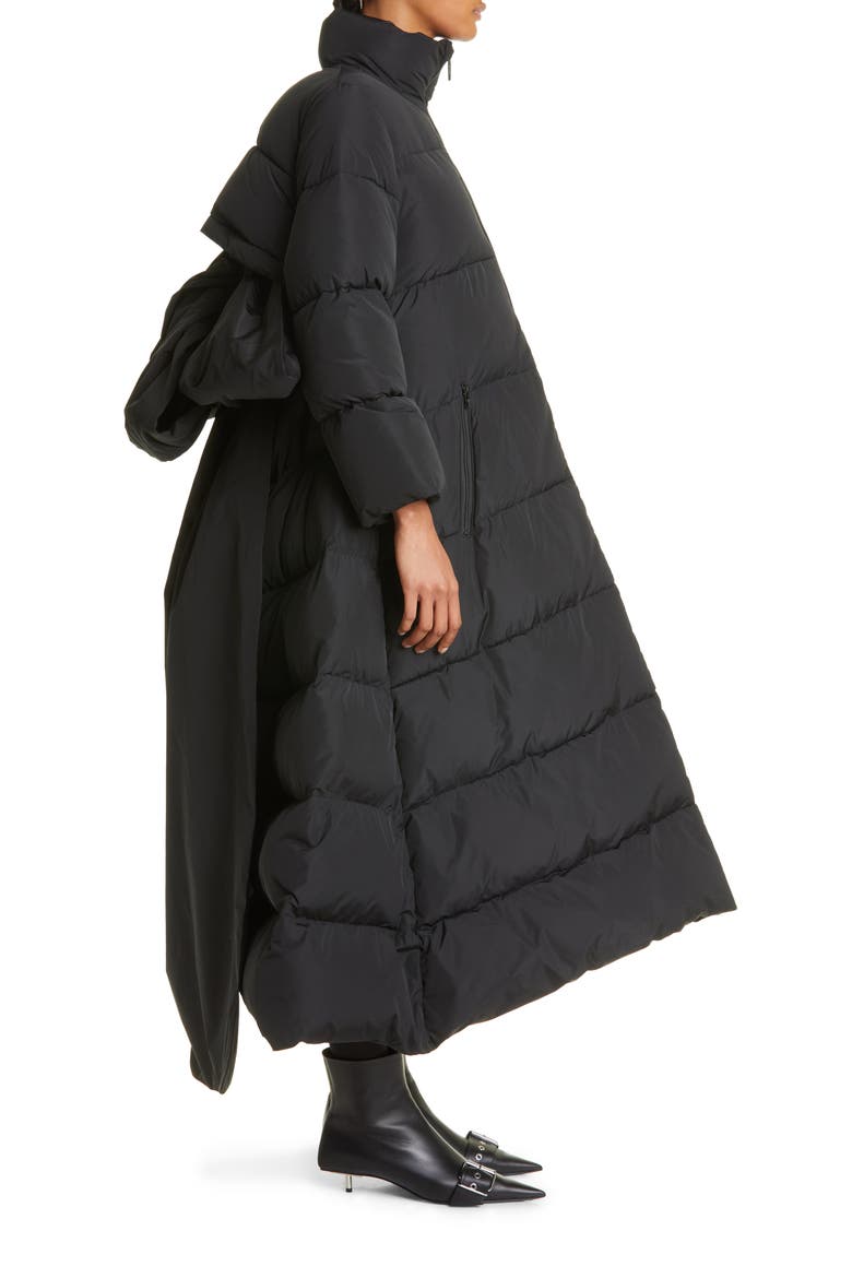 Maxi Bow A-Line Puffer Coat, Alternate, color, BLACK
