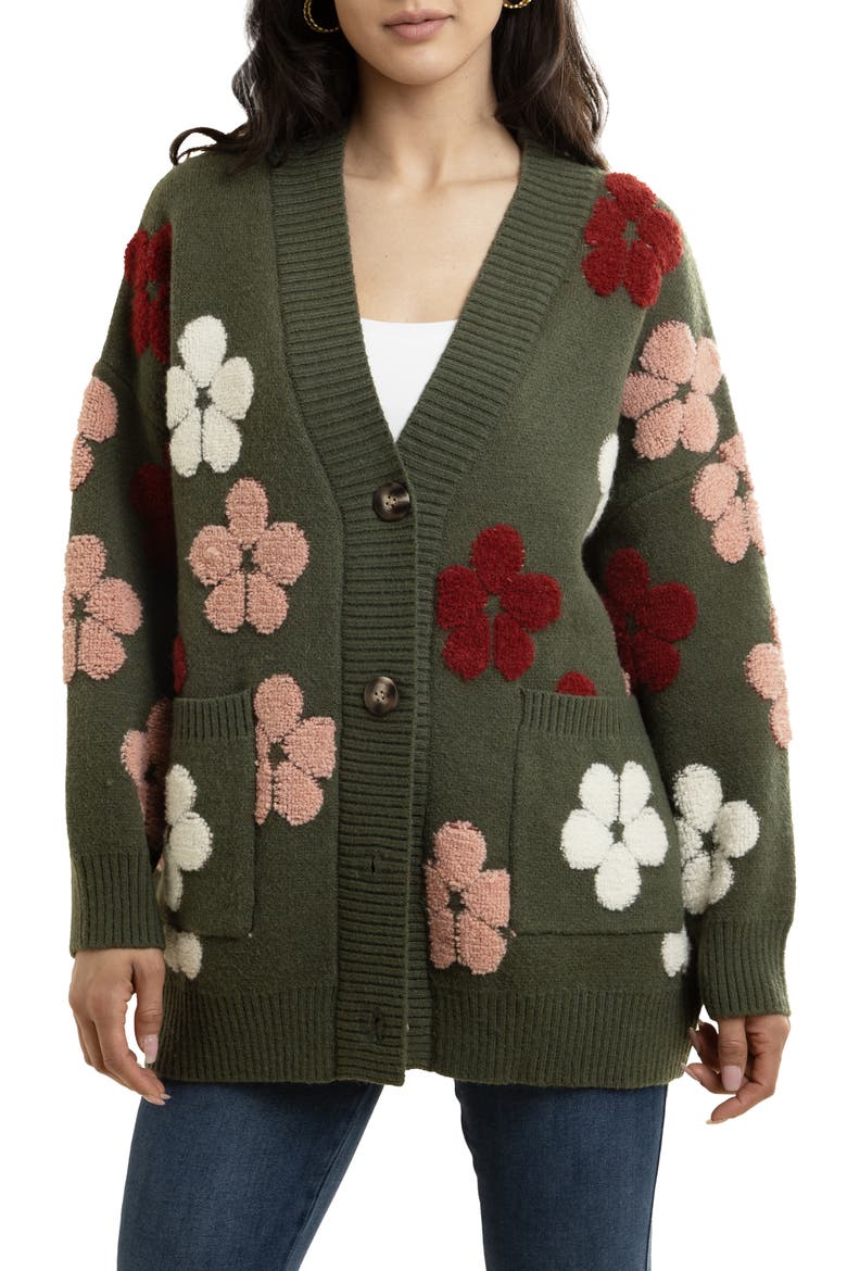 Floral Buttoned Cardigan, Main, color, GREEN