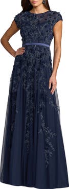 Mac Duggal Floral Embellished Mesh Short Sleeve Gown