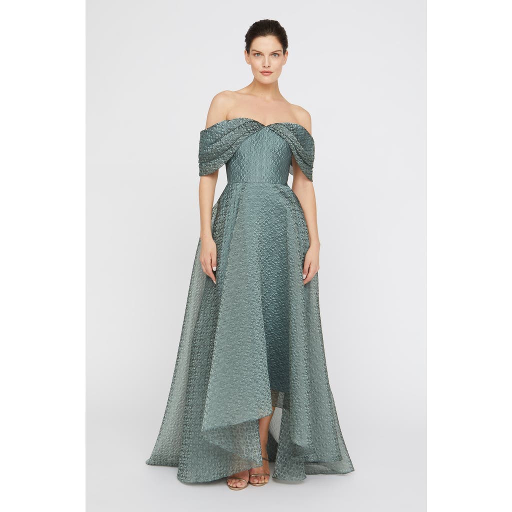 Theia Elysia Off-shoulder Floral Jacquard Gown In Gray