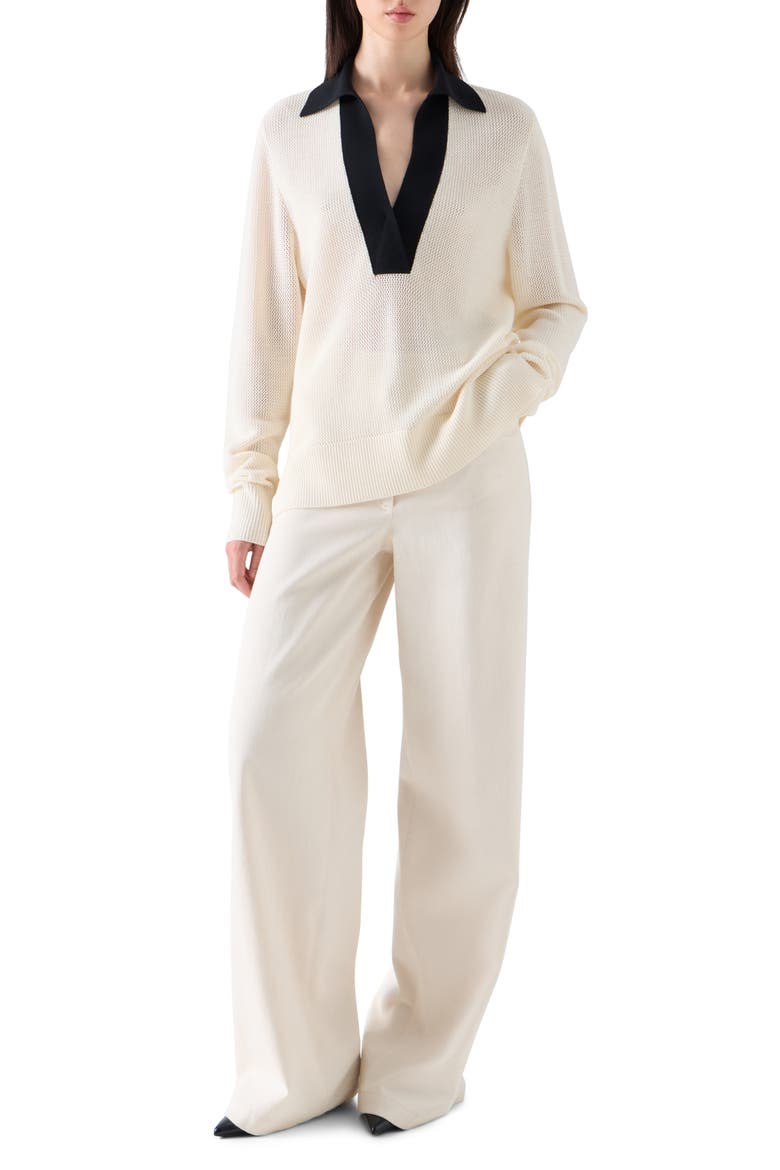 Cool Virgin Wool Mesh Polo Sweater, Alternate, color, IVORY-BLACK
