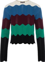 Mademoiselle Crochet Color Blocked Wavy Round Neck Cardigan
