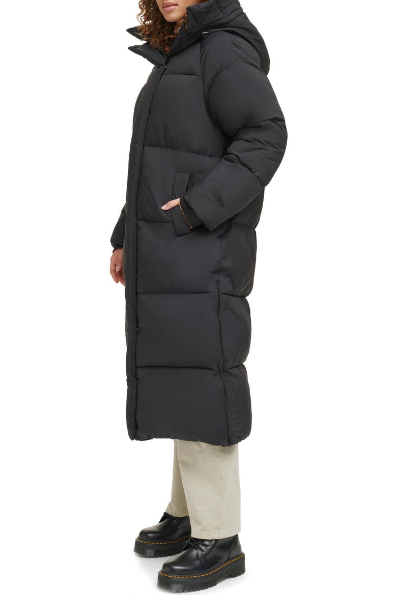 Side Zip Hooded Maxi Puffer Jacket, Alternate, color, BLACK