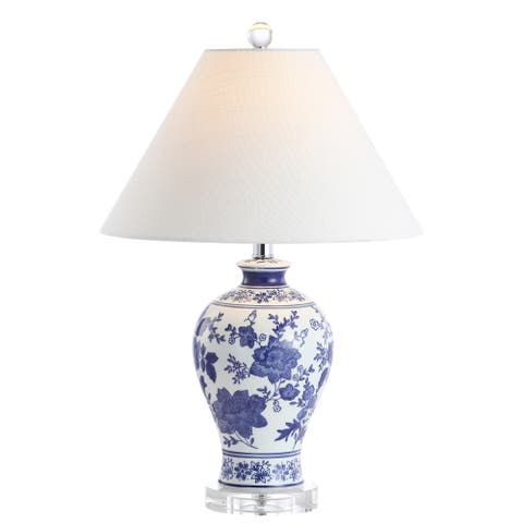 Song 21.5" Ceramic/Crystal Chinoiserie Floral LED Table Lamp, Blue/White