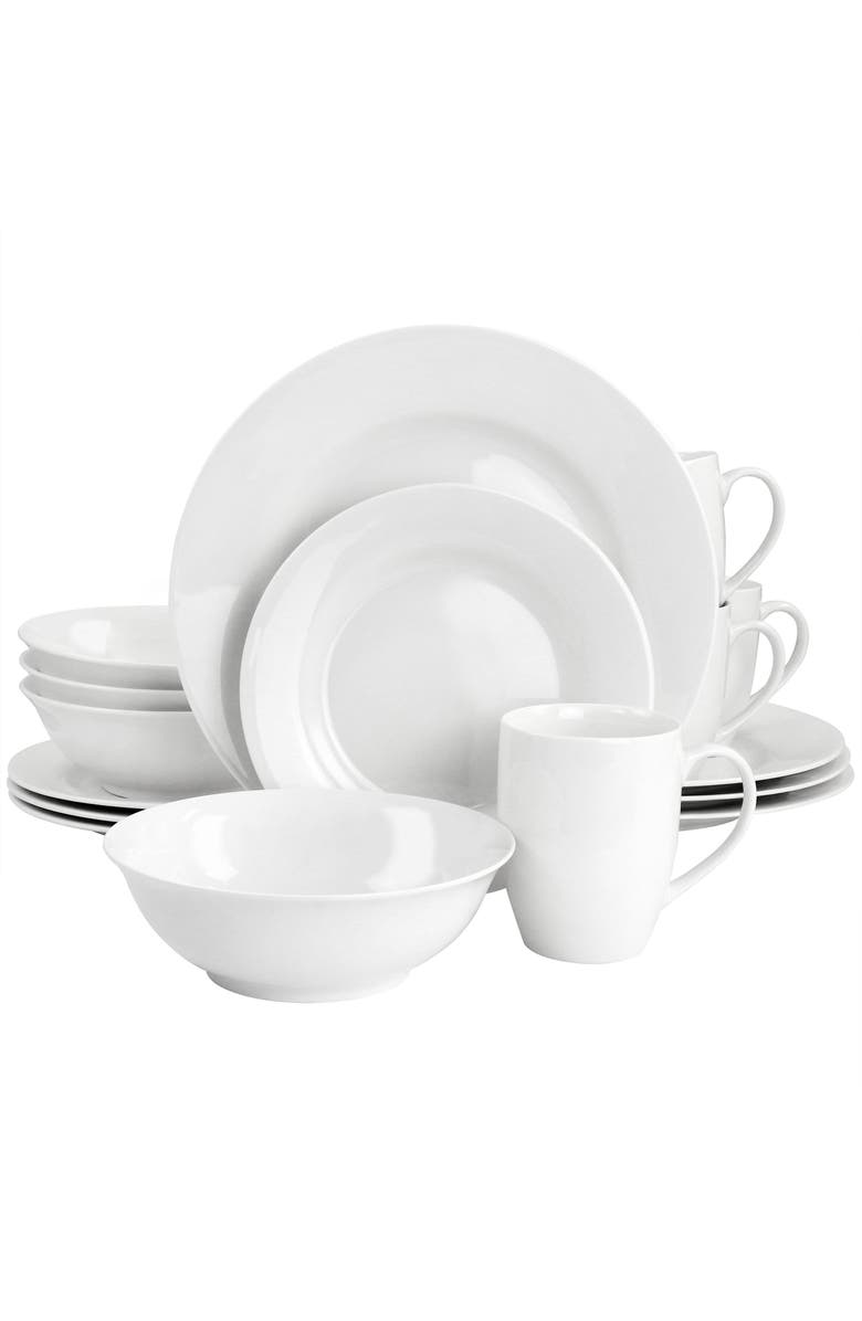 Gibson Home White Cloud Fine Ceramic 16 Piece Dinnerware Set, Main, color, White
