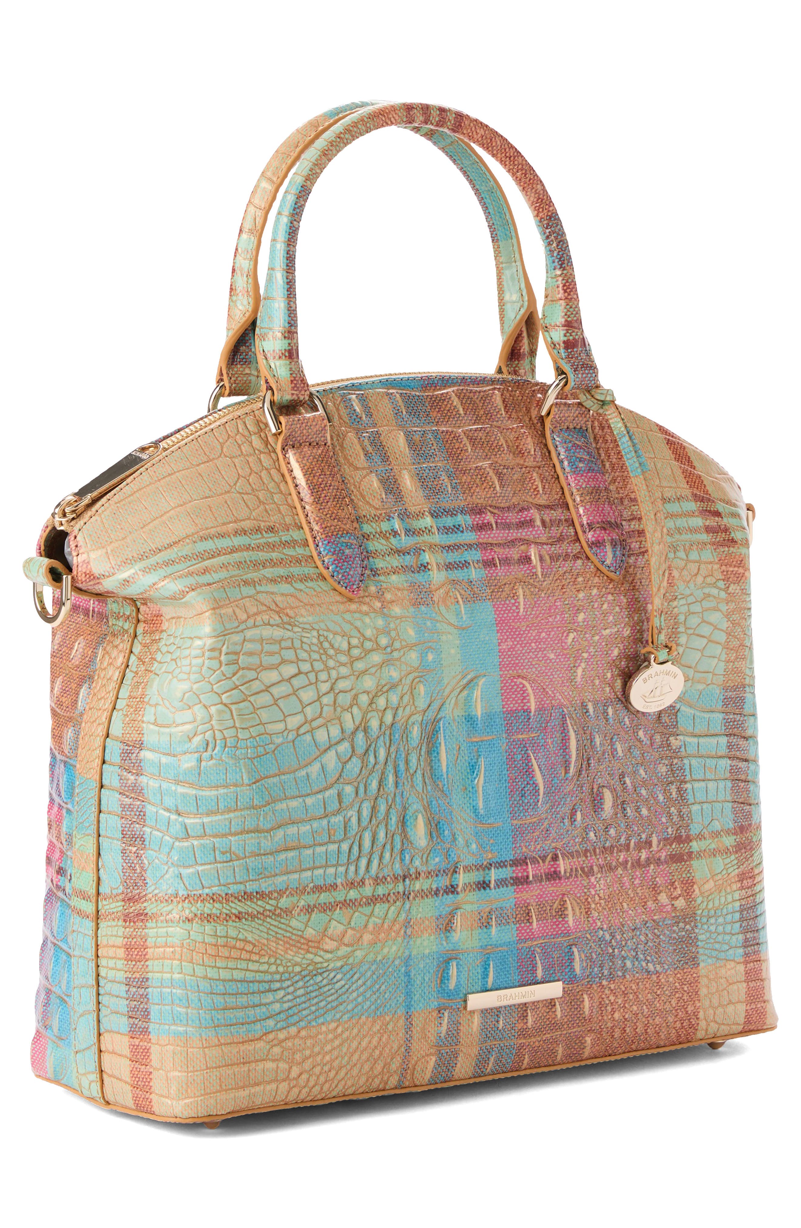 Brahmin Large Duxbury Plaid Croc Embossed Leather Satchel, Alternate, color, Picnic