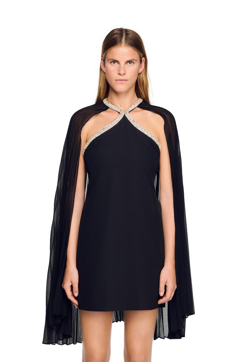 SANDRO Short cape dress with rhinestones, Alternate, color, Black